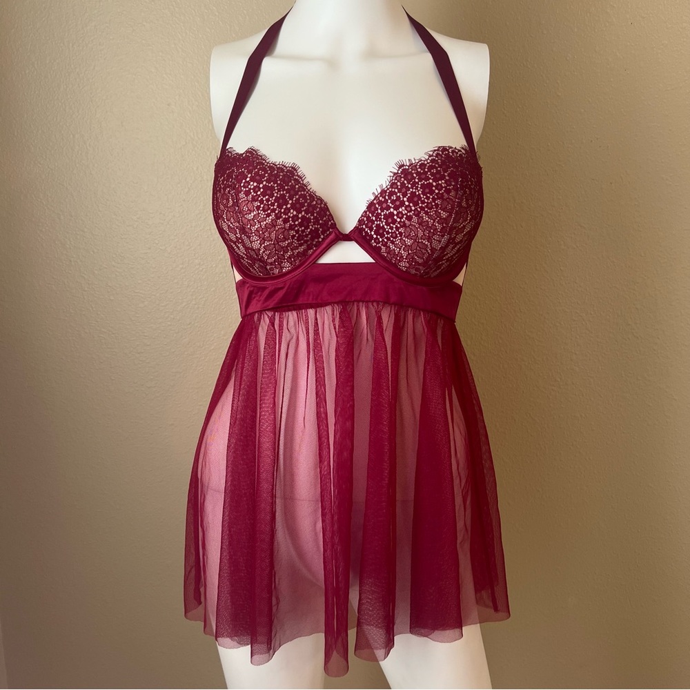 Victoria’s Secret burgundy eyelash lace negligee babydoll slip dress size 32D